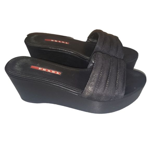 PRADA Vintage Y2K 2000s Black Mesh Leather Platform Slip-on Sandal Size 36 - Picture 3 of 7